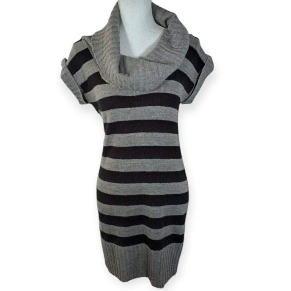 AMBIANCE APPAREL GRAY & BLACK STRIPE COWL-NECK SWEATER DRESS SZ.L EUC.
